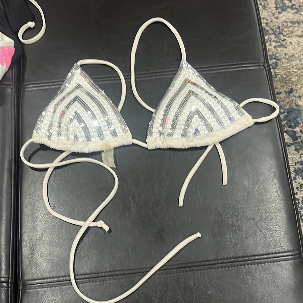Silver and White Sequin Bikini Top